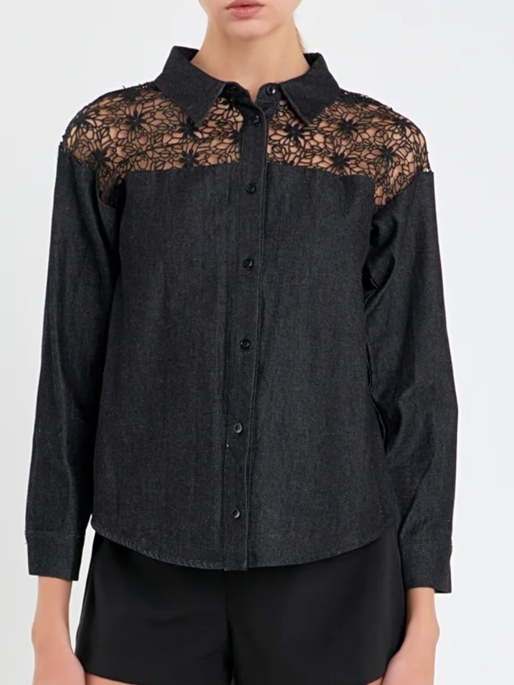 Nwot English Factory Black Button-Up Shirt with Lace Yoke